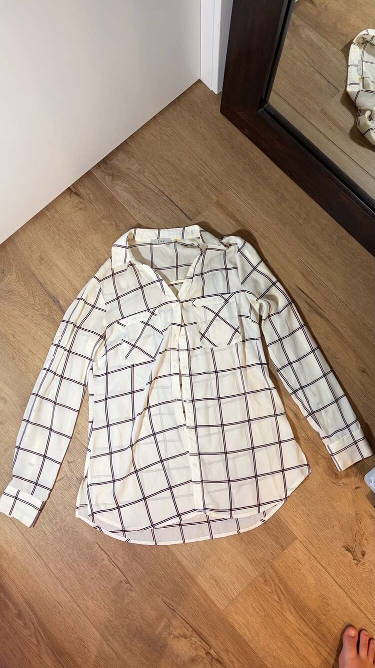 Dex Button Down Shirt Plaid Sheer White Ivory Navy Size S